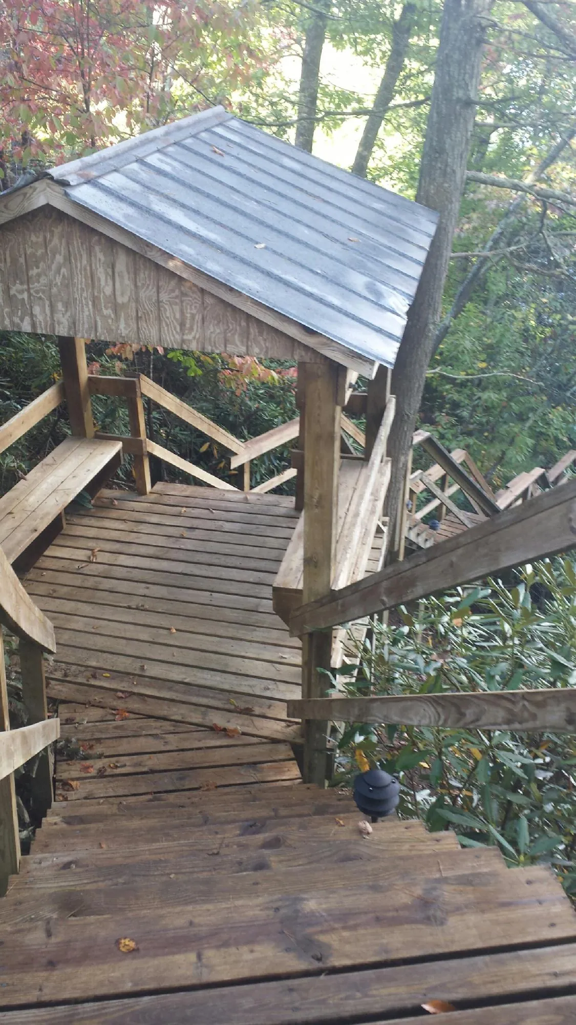 Metal roofed shelter over wooden steps on a wooded walkway — Skylight Repair & Installation work by our crew in Hattiesburg